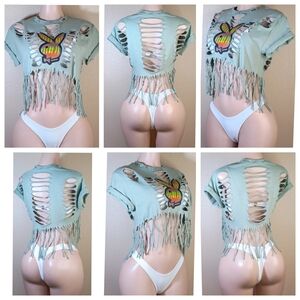 PLAYBOY Mint Green Custom  Fringe Crop Top
